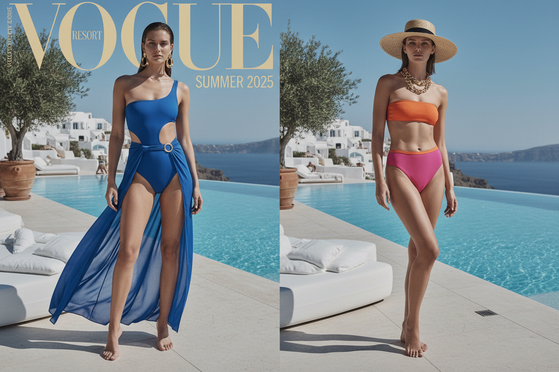 2025 swimwear trends editorial - models in colorful bikinis and one-pieces at a luxury Mediterranean pool resort