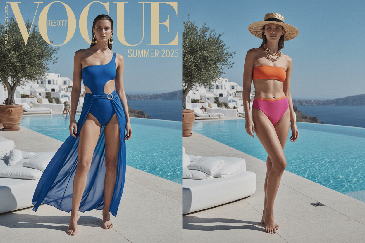 2025 swimwear trends editorial - models in colorful bikinis and one-pieces at a luxury Mediterranean pool resort