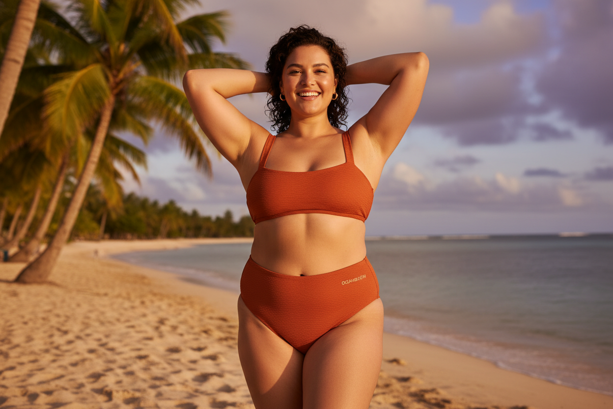 Confident woman in flattering bikini at sunset beach – how to choose swimwear for your body type