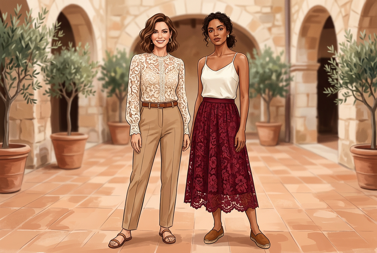 Two women wearing a lined cream lace blouse with tan trousers and a burgundy lace midi skirt with an ivory camisole.
