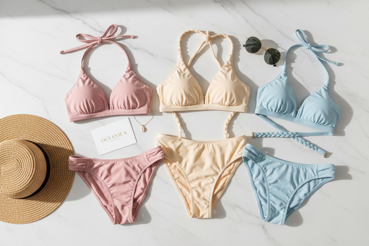 Alt text: Luxury bikini swimwear flat lay on marble – premium swimwear guide for your summer holiday
