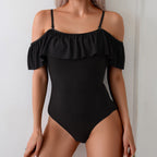 Women's black off-shoulder ruffle one-piece swimsuit