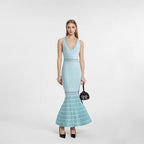 Women's light blue beaded knit fishtail maxi dress