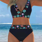 Women's Navy Floral Trim Halter Bikini Set