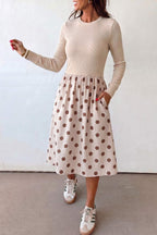 Women's Beige Polka-Dot Ribbed Midi Dress