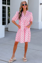 Pink Polka-Dot V-Neck Tiered Mini Dress