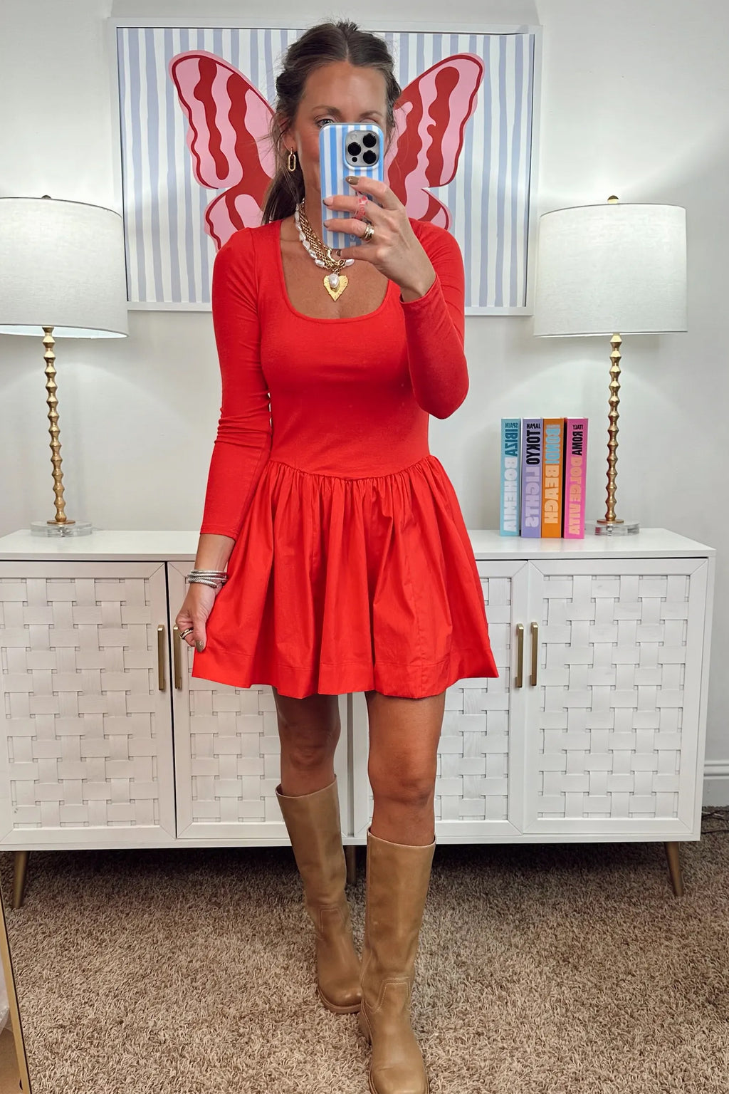 Fiery Red U-Neck Fit-and-Flare Mini Dress