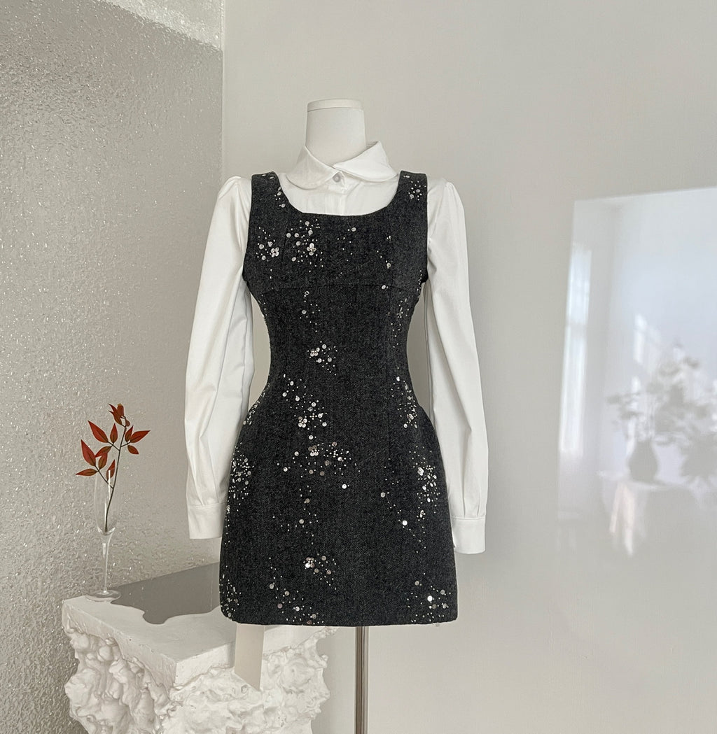 French doll-collar blouse and black sequin vest dress set