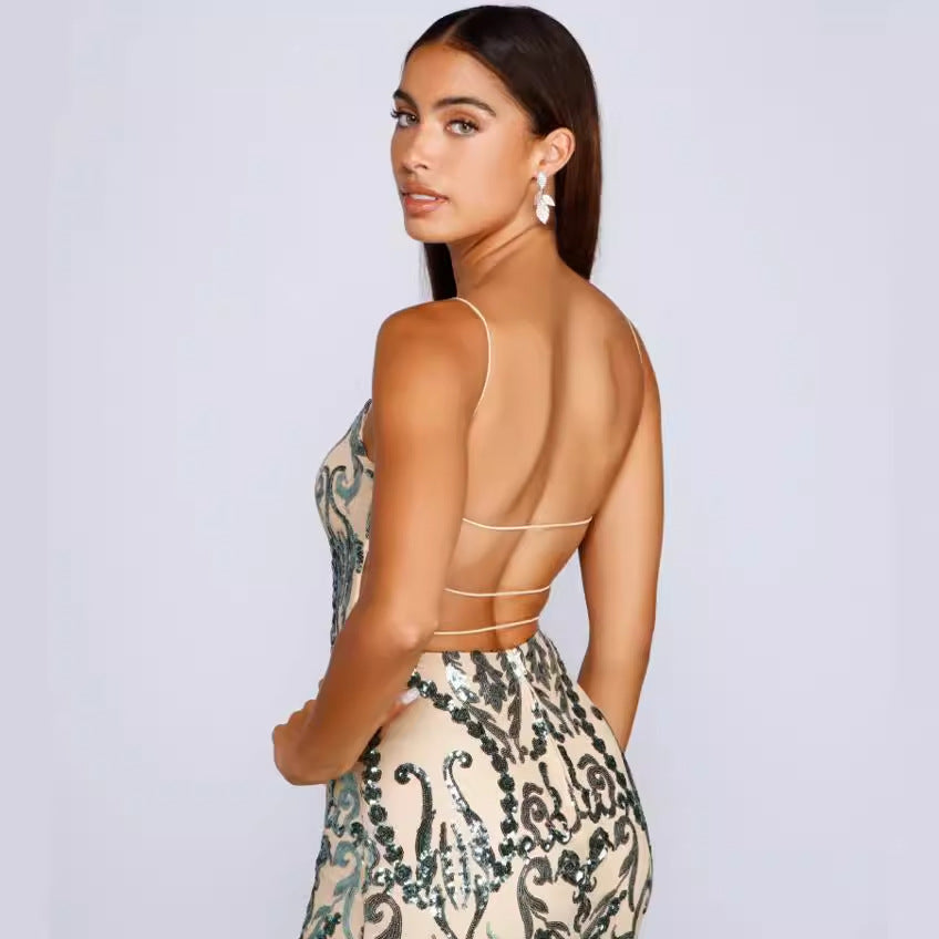 Women’s sequin dress with open back and crisscross spaghetti straps, green-and-cream pattern