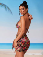 Multicolor leopard floral bikini: triangle top and ruched tie-side high-cut bottoms with side ties