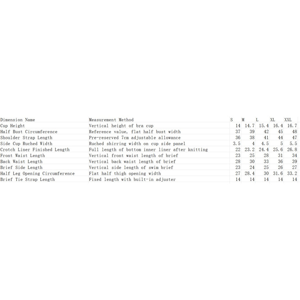 Bikini size chart table with measurements for S to XXL