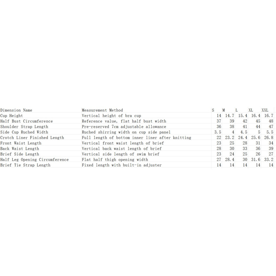 Bikini size chart table with measurements for S to XXL