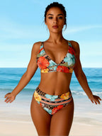 Multicolor tropical floral bikini set with V-neck top and high-rise bottoms