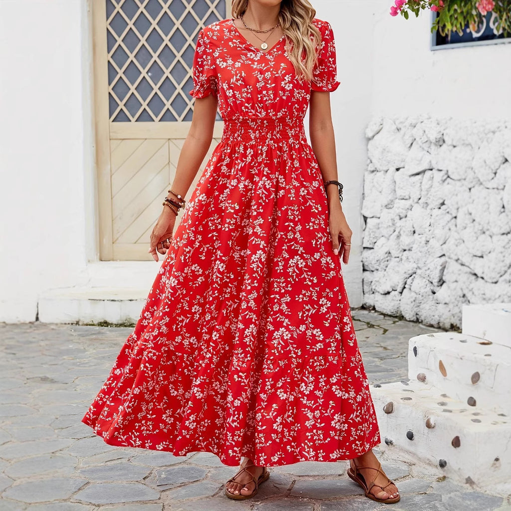 Women's red floral button-front maxi dress