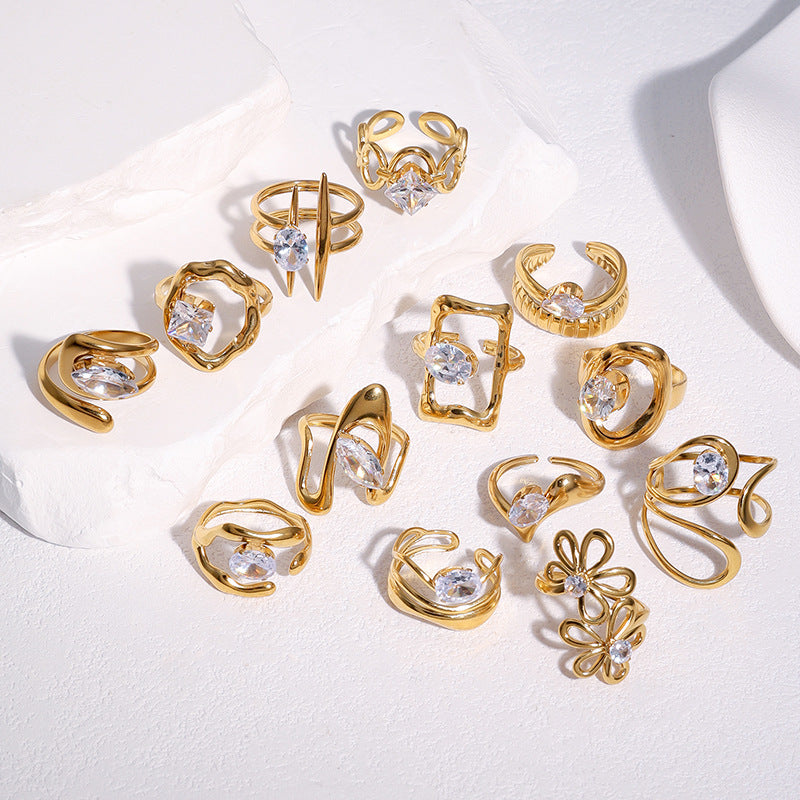 18K gold-color rhinestone stainless steel open ring