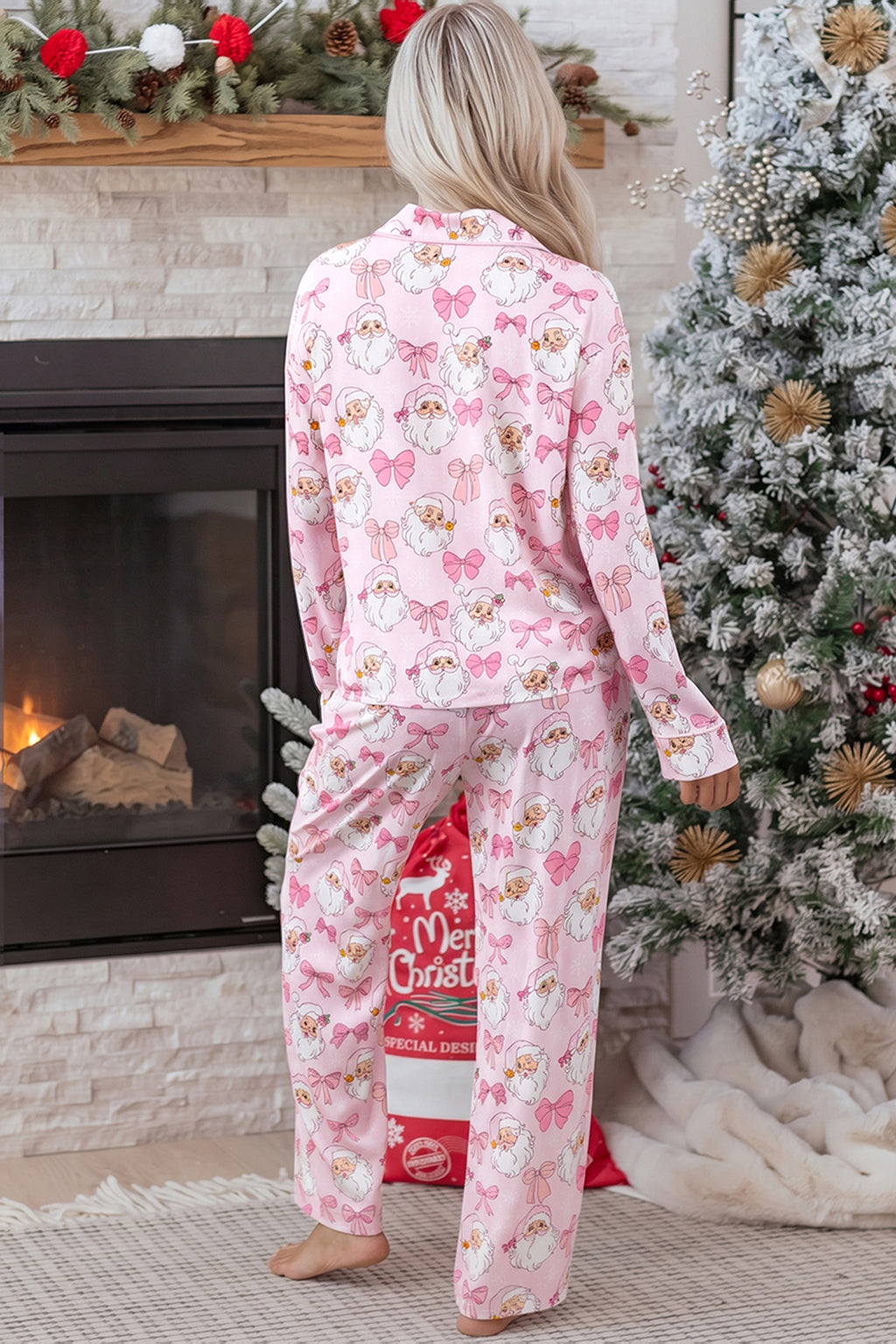 Pink Abstract Santa Print Pajama Set