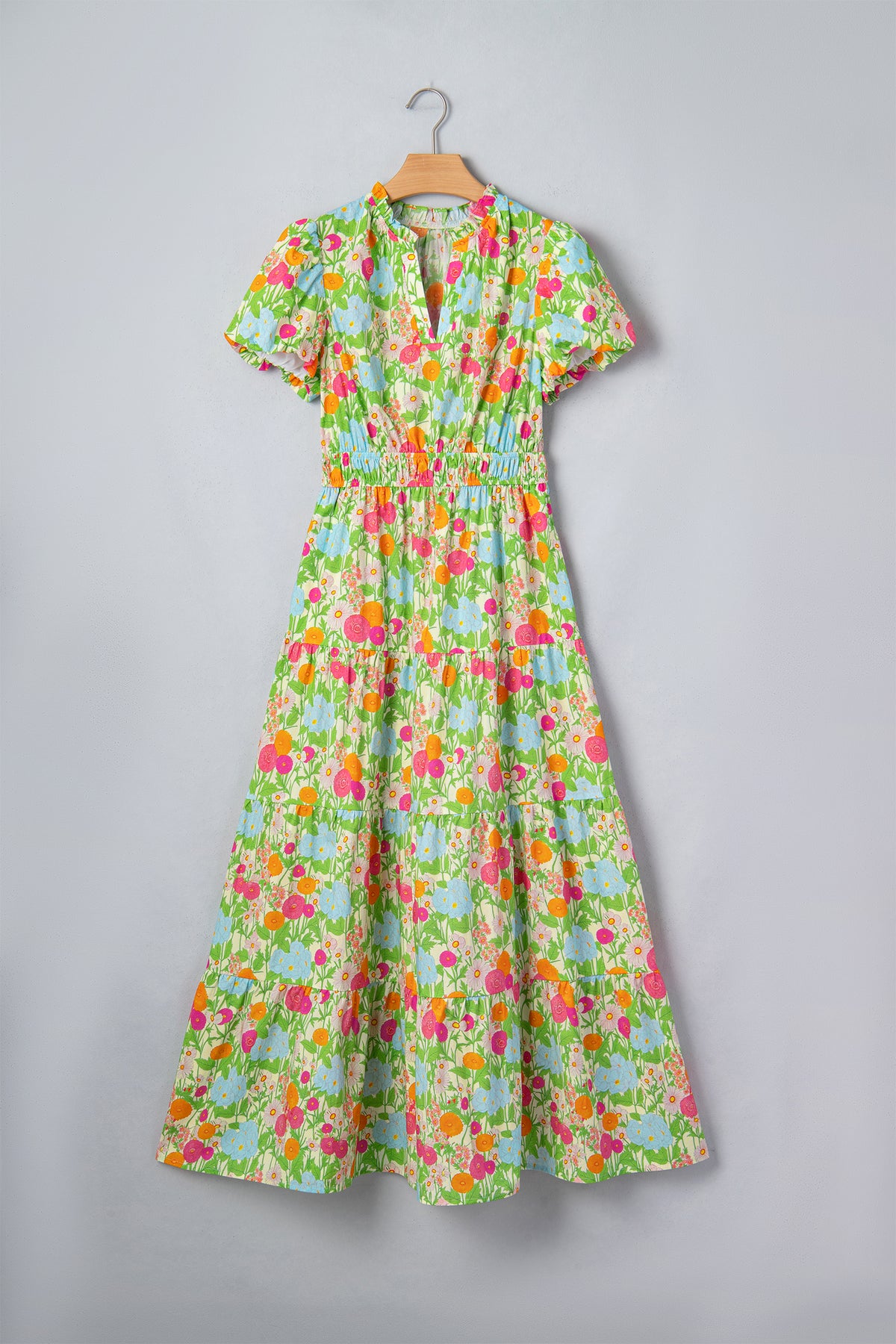 Green Floral Puff-Sleeve Cotton Maxi Dress