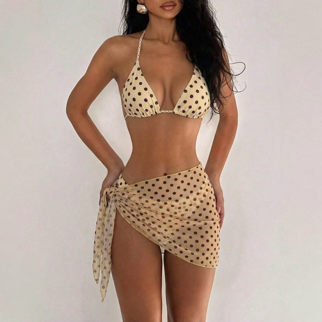 Women's Beige Polka Dot Bikini Set with Sarong