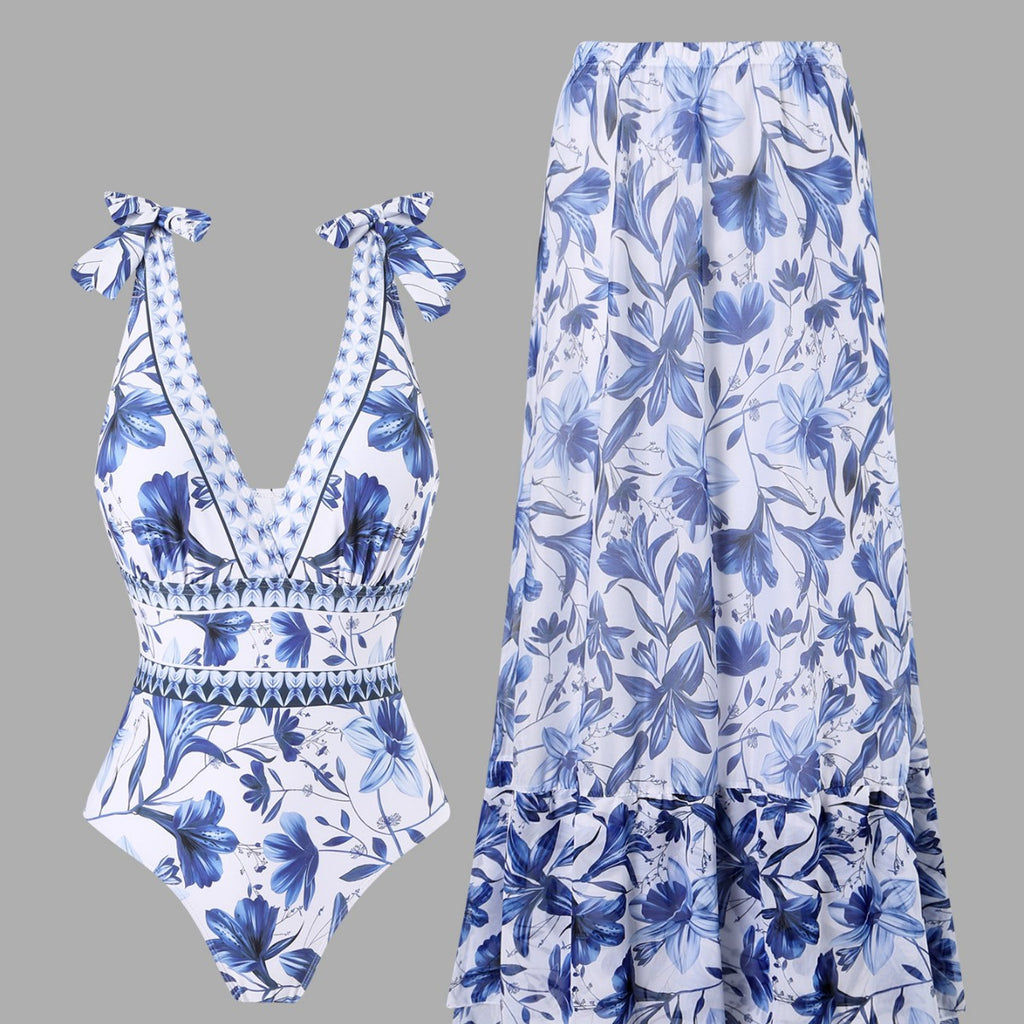 Women's Blue Floral One-Piece Swimsuit with Chiffon Maxi Skirt