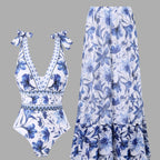 Women's Blue Floral One-Piece Swimsuit with Chiffon Maxi Skirt