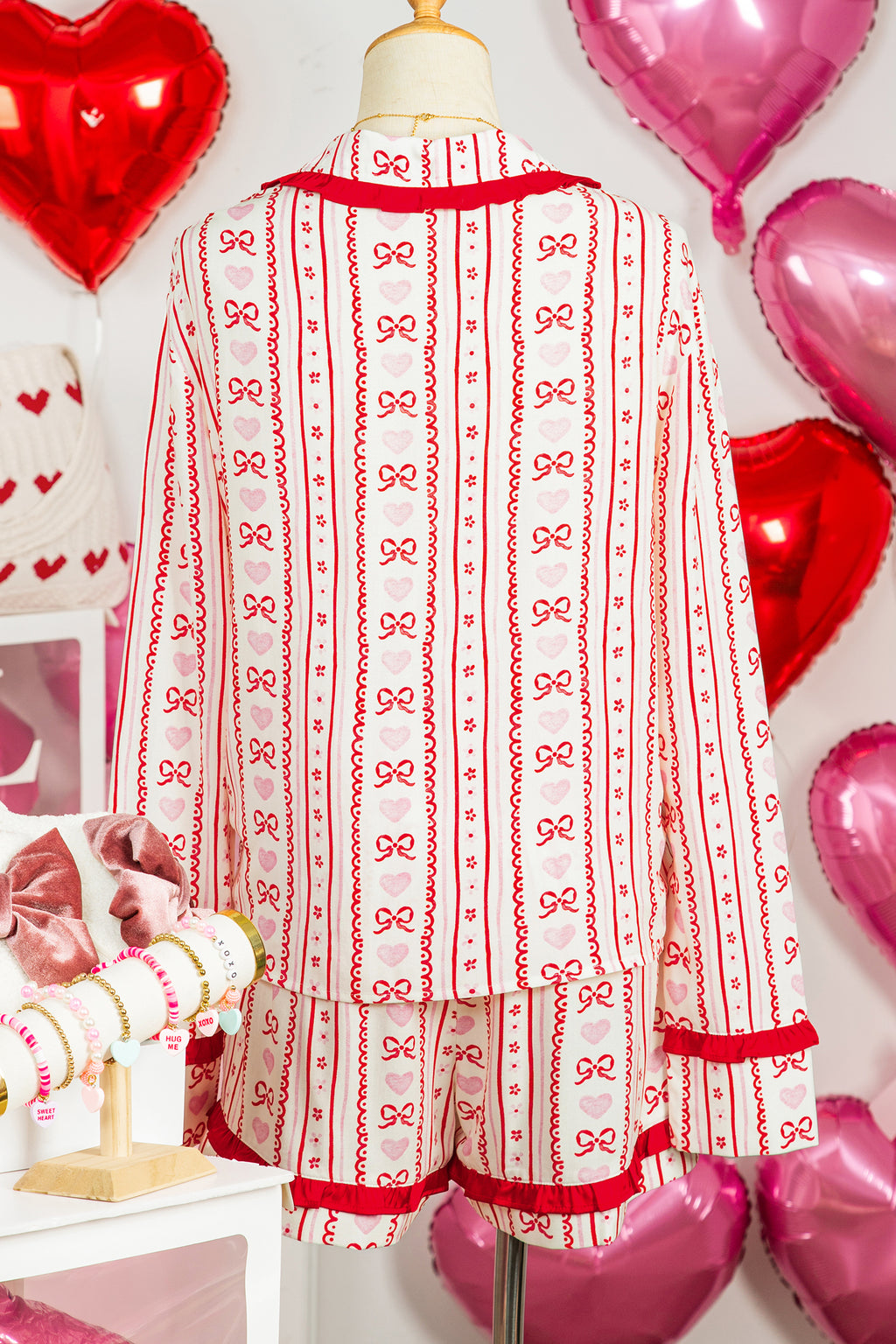 Red Floral Heart Bow Pajama Set