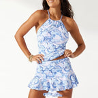 Women's blue floral tankini set with swim skirt