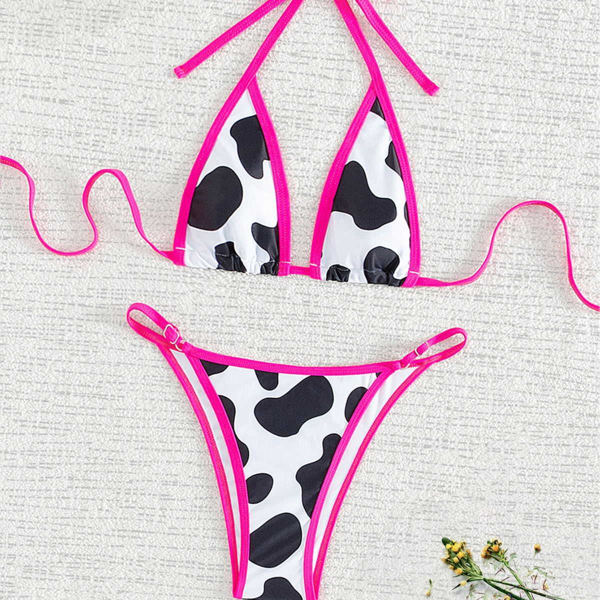Women's white cow print triangle bikini set