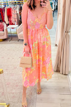 Pink Floral Shirred-Waist Spaghetti-Strap Dress