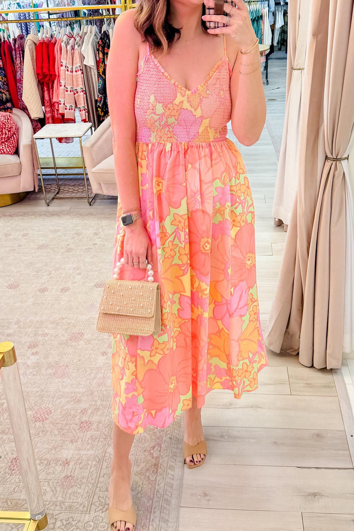Pink Floral Shirred-Waist Spaghetti-Strap Dress