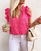 Women's Summer V Neck Leopard Print Printed Short Sleeve T Shirt Vest