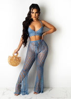 Hollow Out Cutout See-Through Beach Mesh Handmade Hook Suit Two-Piece Set