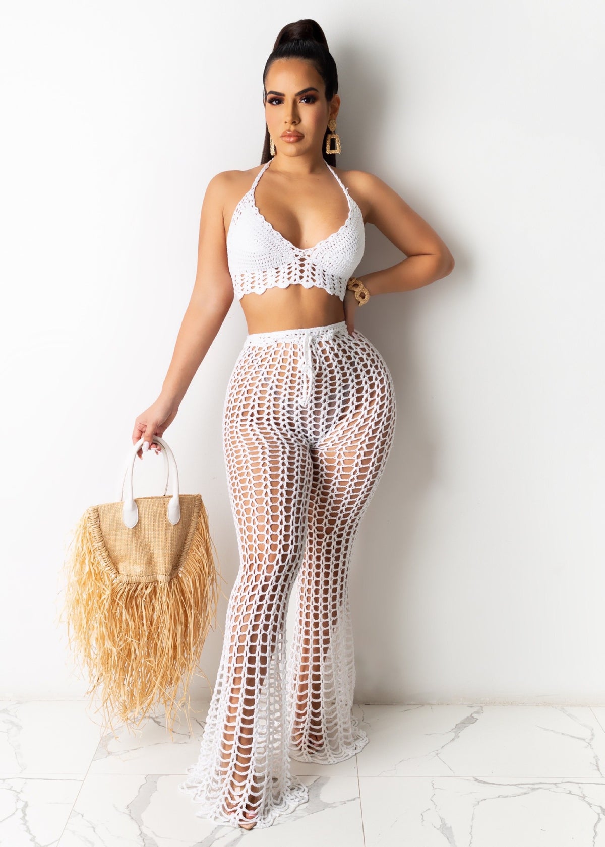 Hollow Out Cutout See-Through Beach Mesh Handmade Hook Suit Two-Piece Set