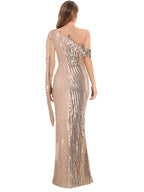 Women's One Shoulder Sequin Backless Slit Maxi Dress