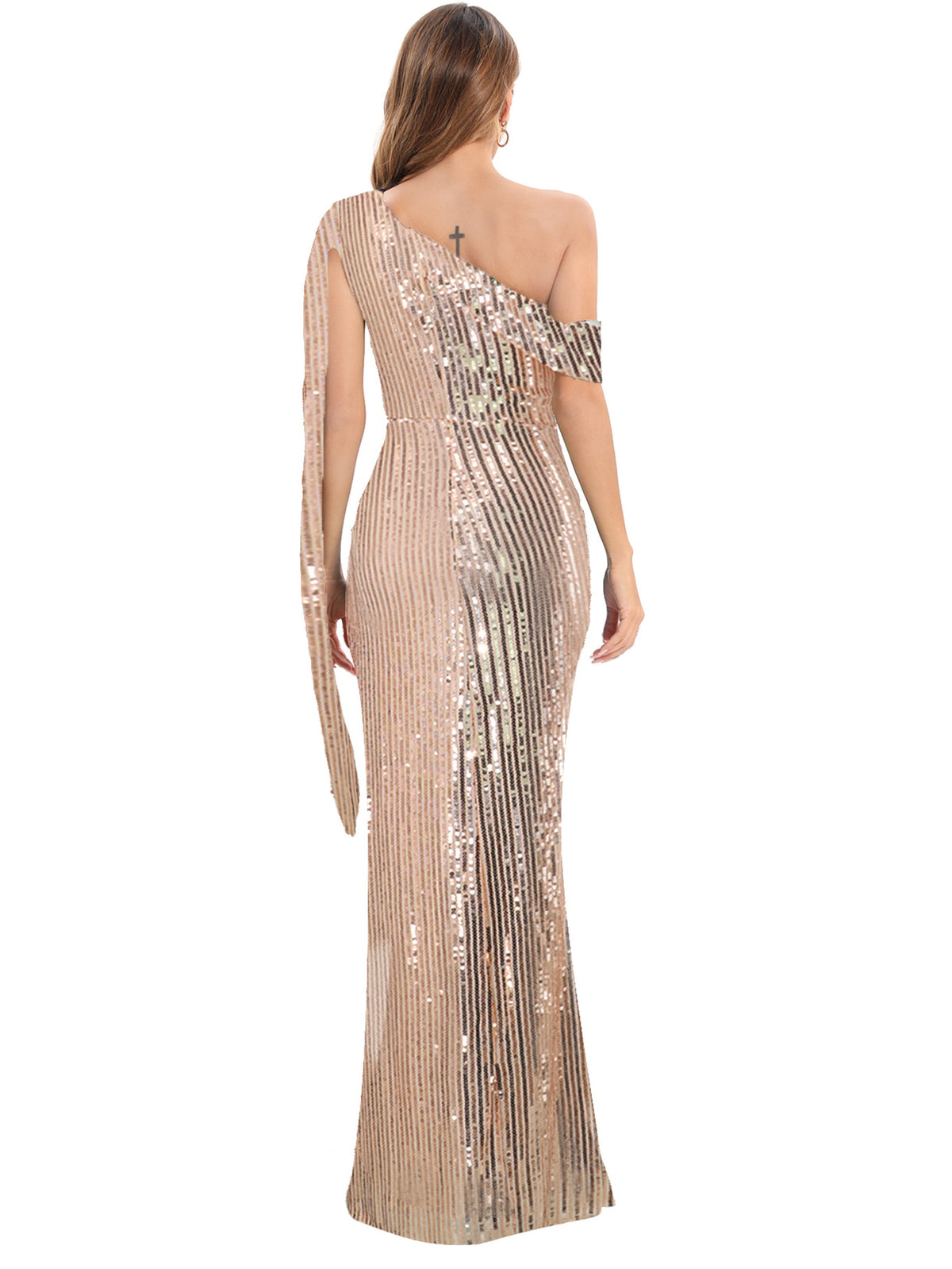 Women's One Shoulder Sequin Backless Slit Maxi Dress