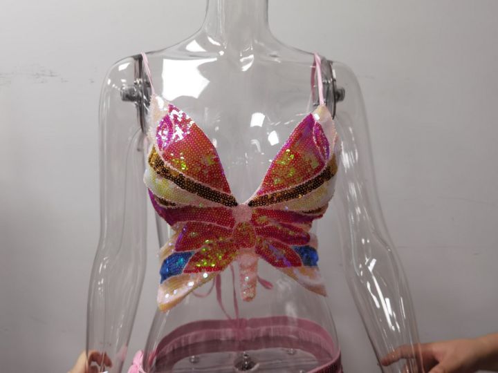 's Sequined Performance Show Top Belly Dance Sequined Butterfly