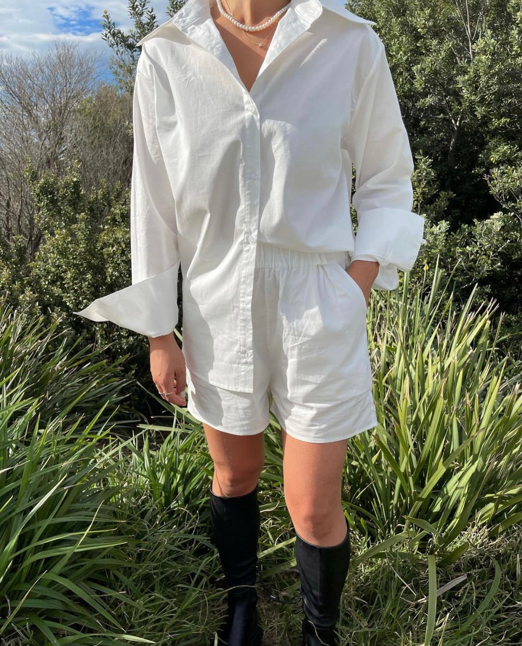 Fall Collared Button Long-Sleeve Solid Color Elastic Waist Shorts Suit Set