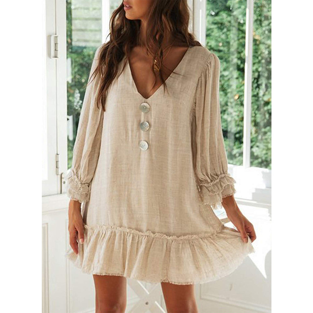 Women's V-Neck Faux-Linen Ruffle Long-Sleeve A-Line Dress