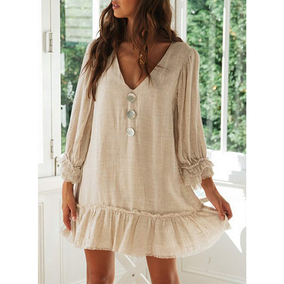 Women's V-Neck Faux-Linen Ruffle Long-Sleeve A-Line Dress