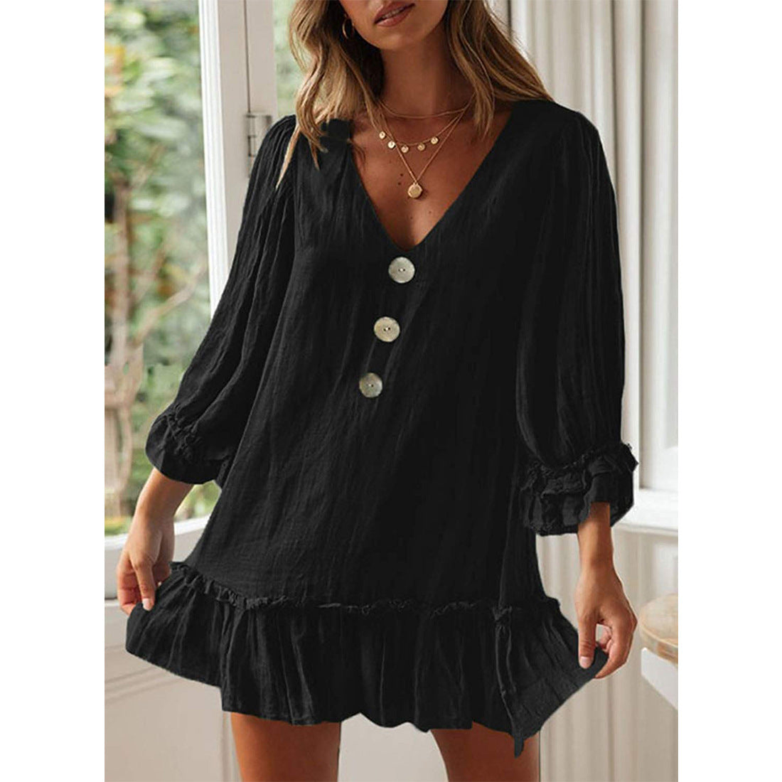 Women's V-Neck Faux-Linen Ruffle Long-Sleeve A-Line Dress