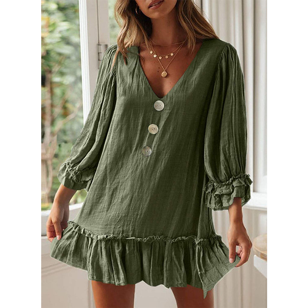 Women's V-Neck Faux-Linen Ruffle Long-Sleeve A-Line Dress
