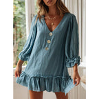Women's V-Neck Faux-Linen Ruffle Long-Sleeve A-Line Dress