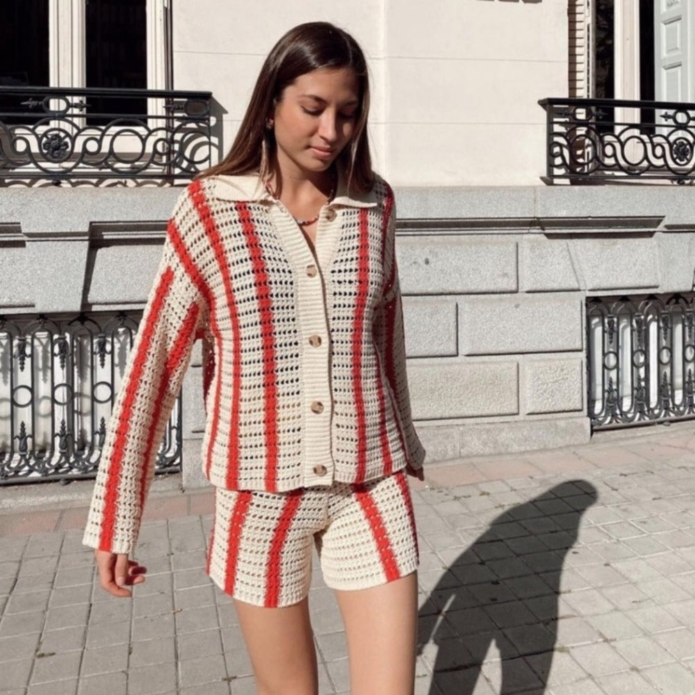 High Collared Slim Cardigan Button Stripe Sweater Two-Piece Set
