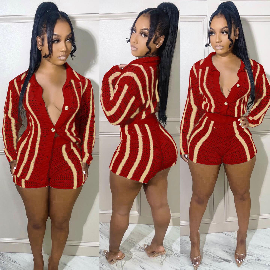 High Collared Slim Cardigan Button Stripe Sweater Two-Piece Set