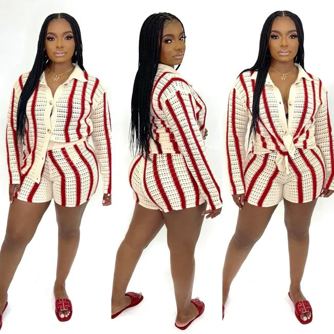 High Collared Slim Cardigan Button Stripe Sweater Two-Piece Set