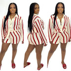 High Collared Slim Cardigan Button Stripe Sweater Two-Piece Set
