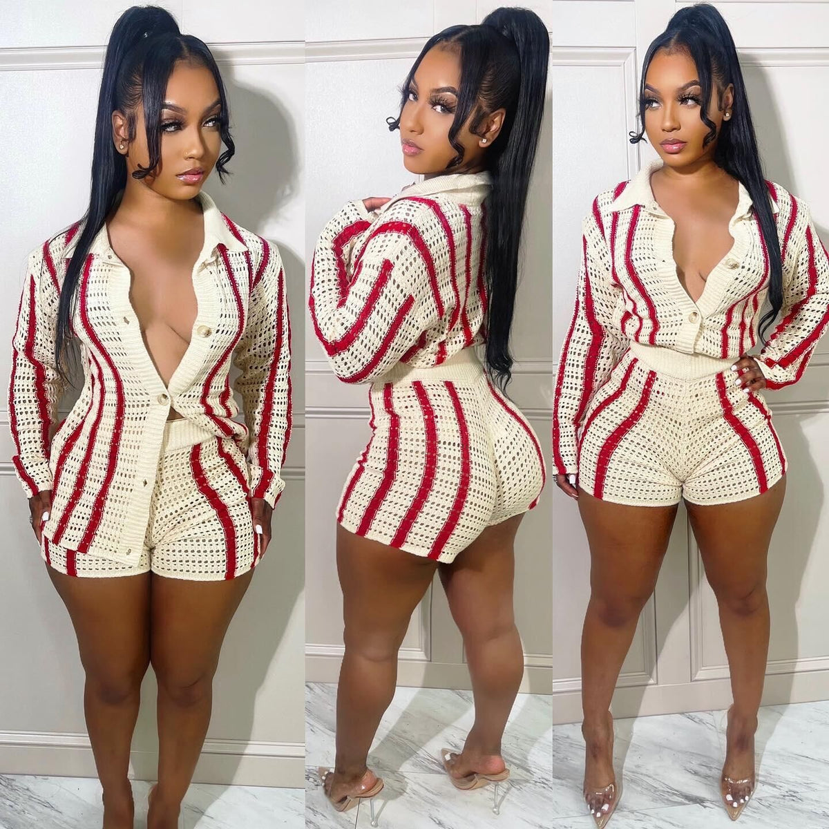 High Collared Slim Cardigan Button Stripe Sweater Two-Piece Set