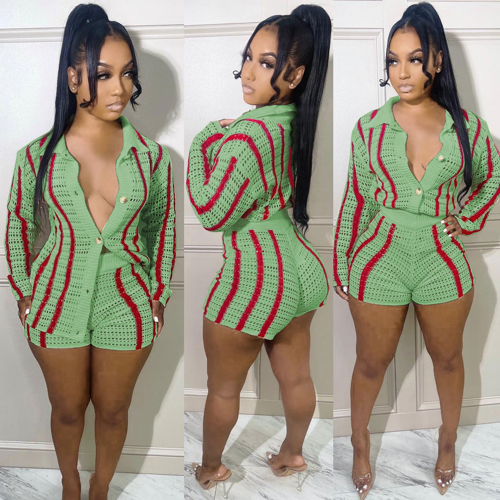 High Collared Slim Cardigan Button Stripe Sweater Two-Piece Set