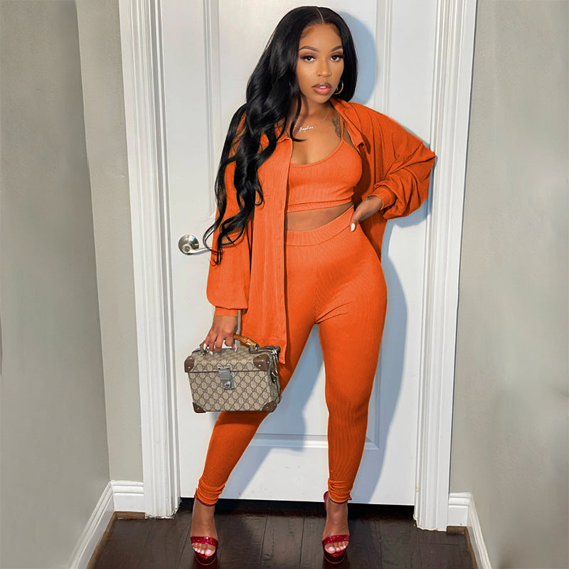 Autumn Winter Solid Color Vest Trend Single Breasted Casual Pants Suit Three-Piece Set