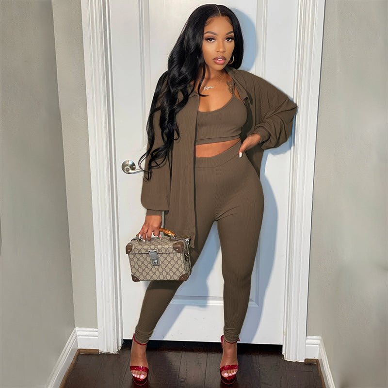 Autumn Winter Solid Color Vest Trend Single Breasted Casual Pants Suit Three-Piece Set