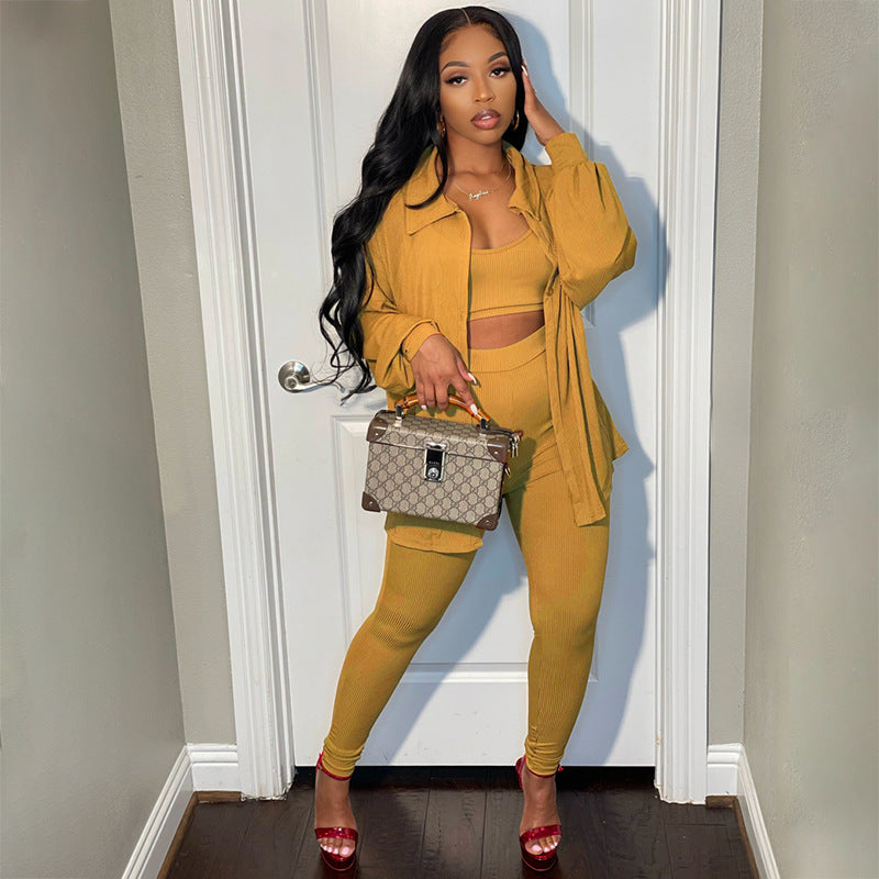 Autumn Winter Solid Color Vest Trend Single Breasted Casual Pants Suit Three-Piece Set
